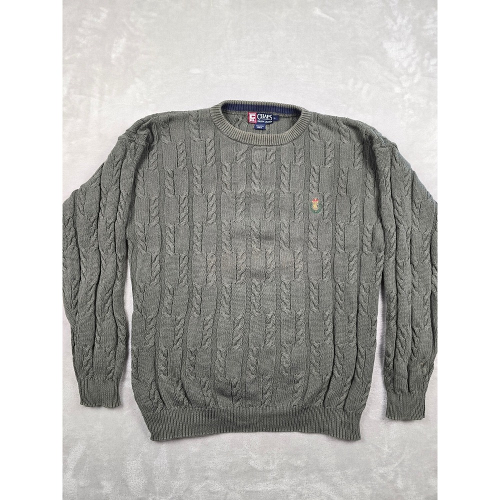 Chaps Ralph Lauren Sweater Mens L Green‎ Cable Knit Crew Neck Crest Logo Cotton